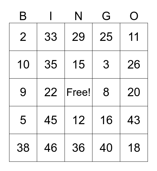 1-50 Bingo Card