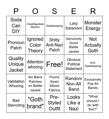 r/punkfashion r/gothfashion bingo Card
