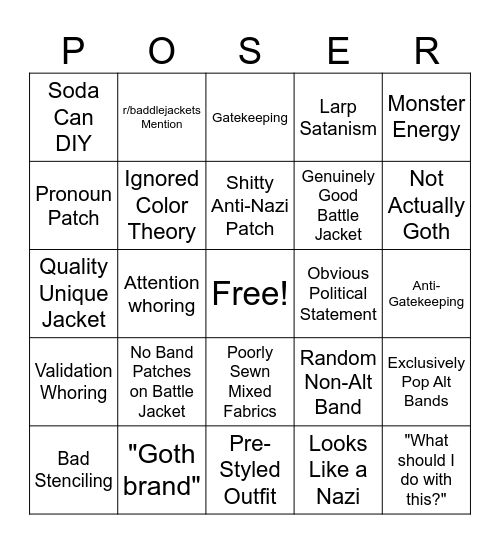 r/punkfashion r/gothfashion bingo Card
