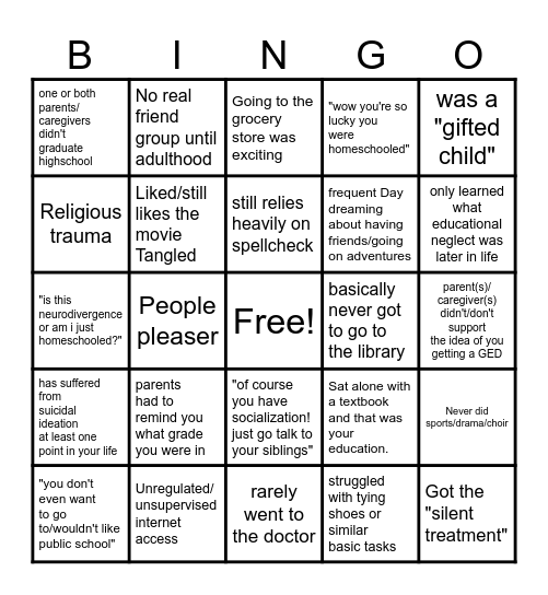 Homeschool neglect! Bingo Card