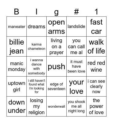 big hits 1 Bingo Card