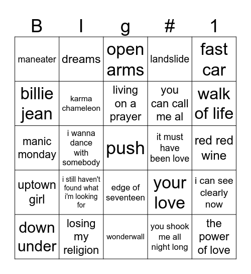 big hits 1 Bingo Card