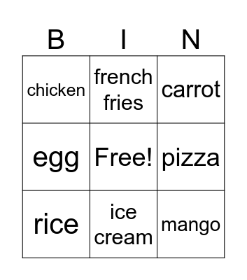 Food Bingo Card