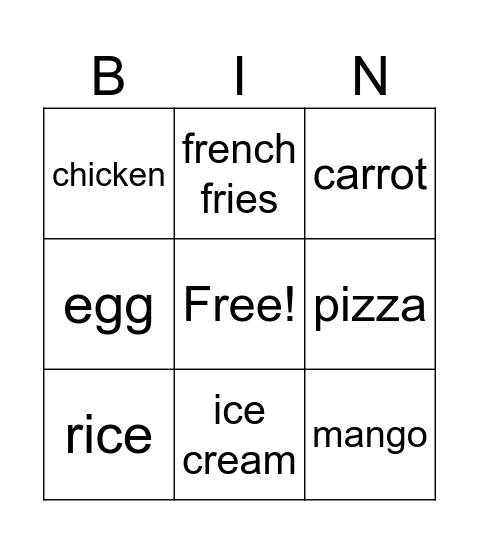 Food Bingo Card