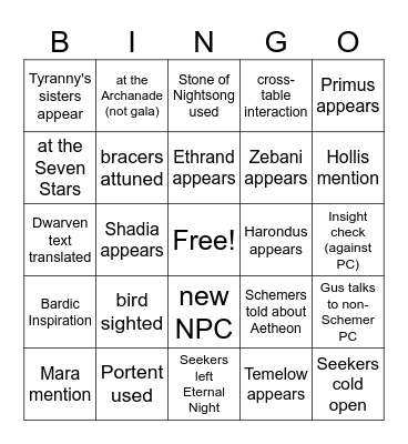 Birds of a Feather Flock Back Together [Critical Role 4.26] Bingo Card