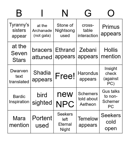 Birds of a Feather Flock Back Together [Critical Role 4.26] Bingo Card