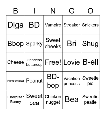 Nickname Bingo Card