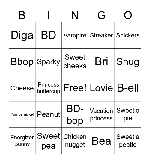 Nickname Bingo Card