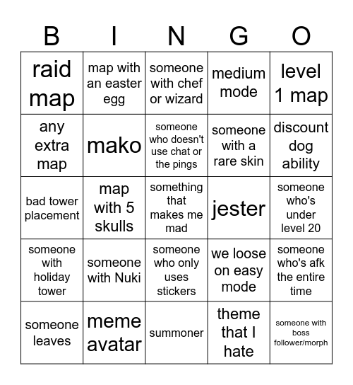 tower heroes randos card Bingo Card