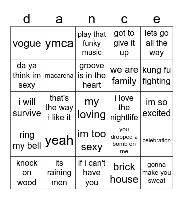 quick dance 1 Bingo Card