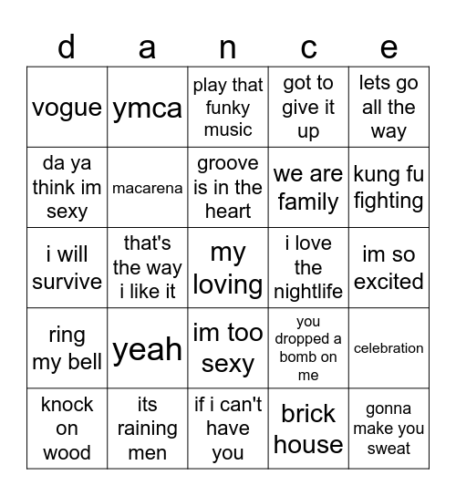 quick dance 1 Bingo Card