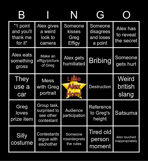 Taskmaster Bingo Card