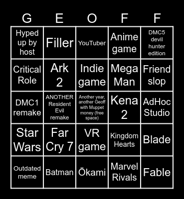 Geoff’s summer extravaganza Bingo Card