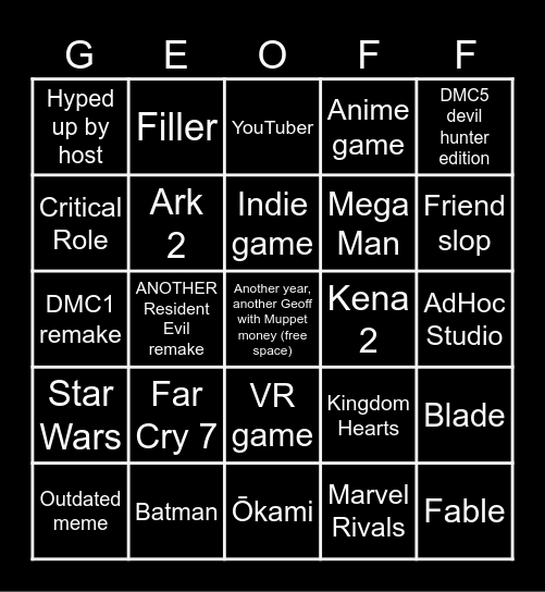 Geoff’s summer extravaganza Bingo Card