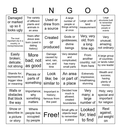 Angkor Wat Vocabulary Bingo Card