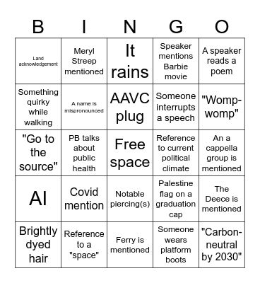 Vassar Graduation Bingo Card