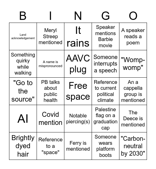 Vassar Graduation Bingo Card