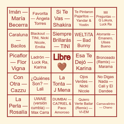 Bingo Musical Bingo Card