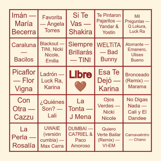 Bingo Musical Bingo Card