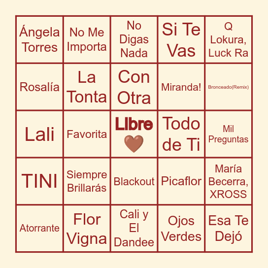 Bingo Musical Bingo Card
