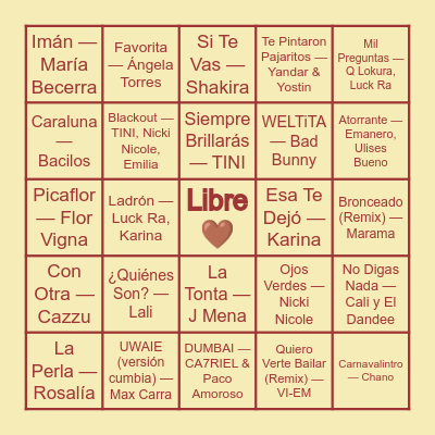 Bingo Musical Bingo Card