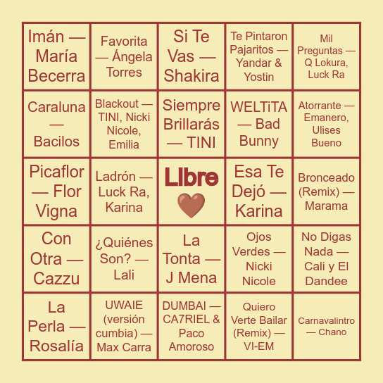 Bingo Musical Bingo Card