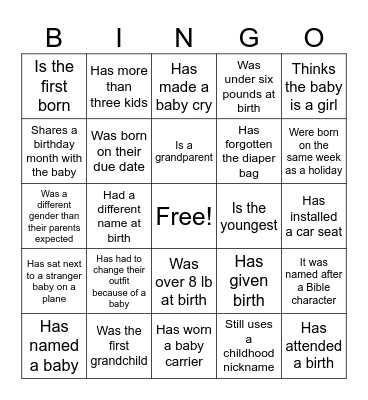 Gender Reveal bingo Card