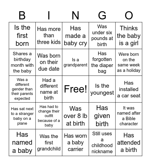 Gender Reveal bingo Card