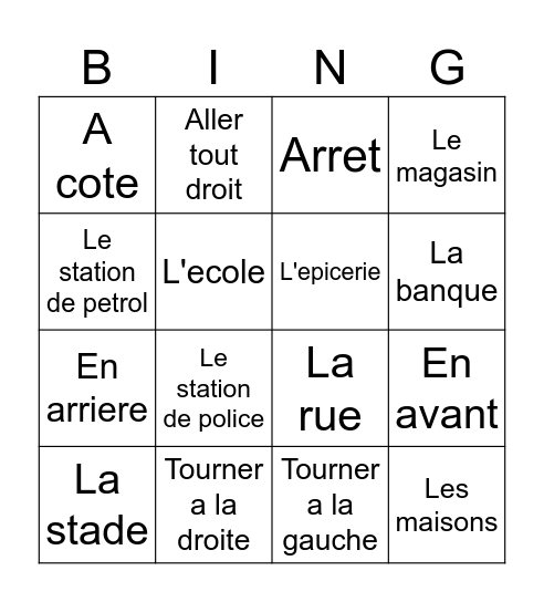 Les directions et la carte! Bingo Card