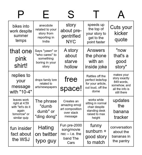 Jesse Pesta Bingo Card