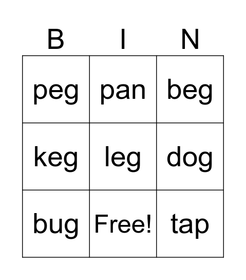 -EG Word Family Bingo Card