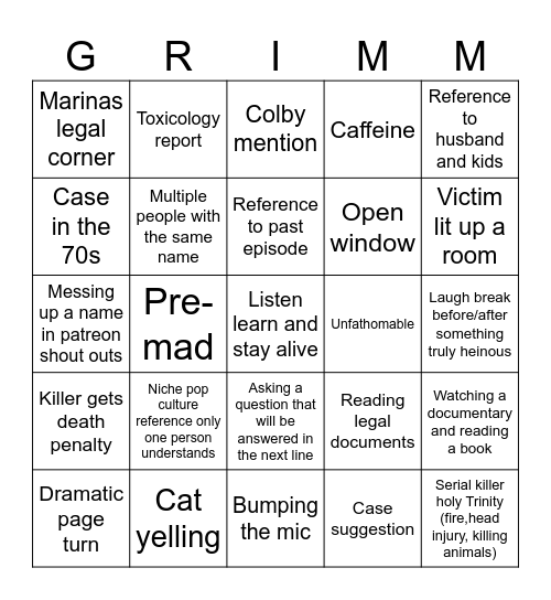 Grimm Bingo Card