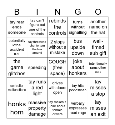 Bus Driver Tay Bingo Card