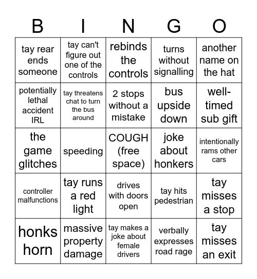 Bus Driver Tay Bingo Card