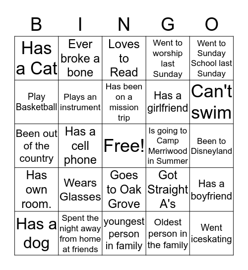 Preteen BINGO Card