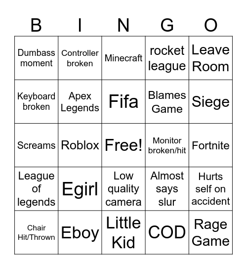 Gmaer Rage Bingo Card