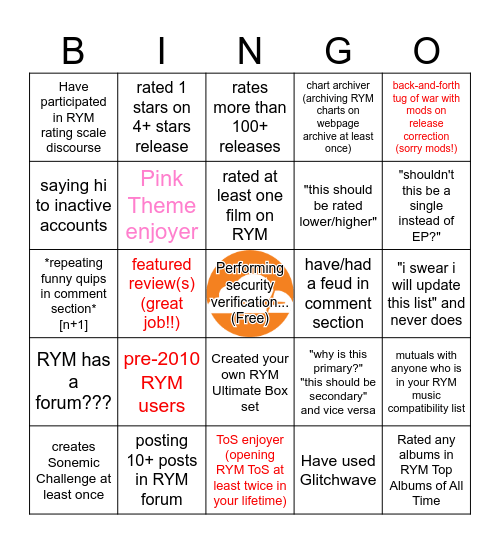 RYM Bingo Card