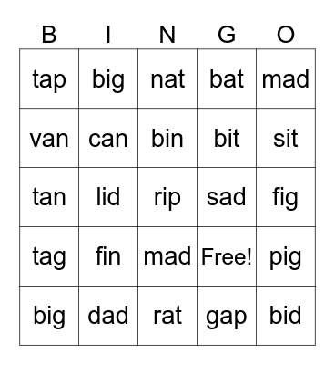 CVC Words Bingo Card