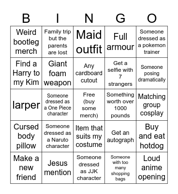 comic-con Bingo Card