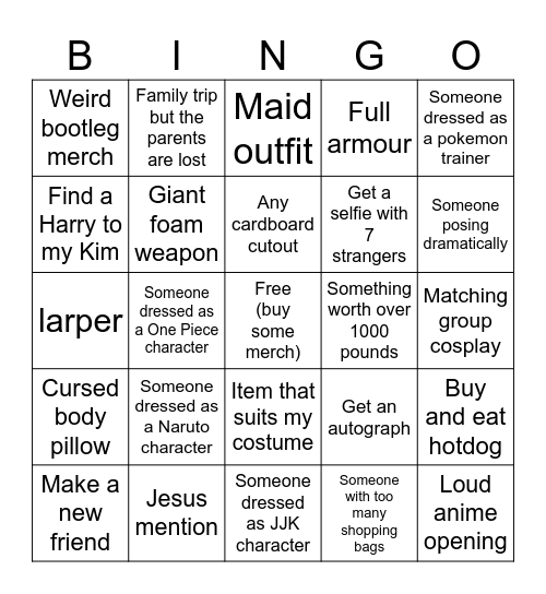 comic-con Bingo Card