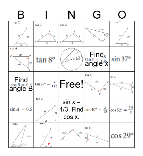 Trig - find missing sides or angles Bingo Card