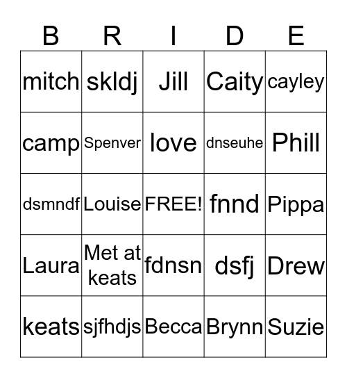 Cayley's Bridal bingo Card