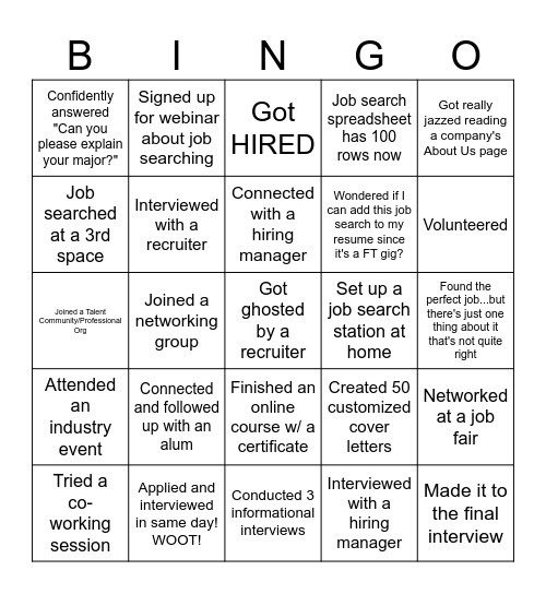 Job Search BINGO Card Bingo Card