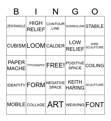 3D Art Final Vocabulary Review Bingo Card