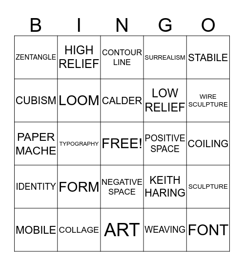 3D Art Final Vocabulary Review Bingo Card