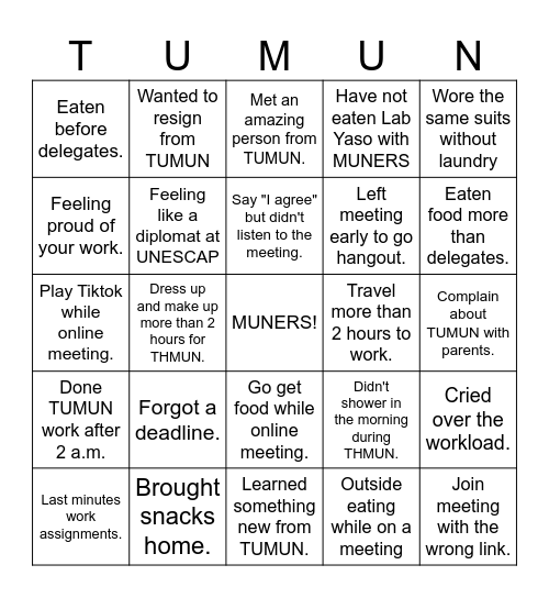 TUMUN 2025 - 2026 Bingo Card