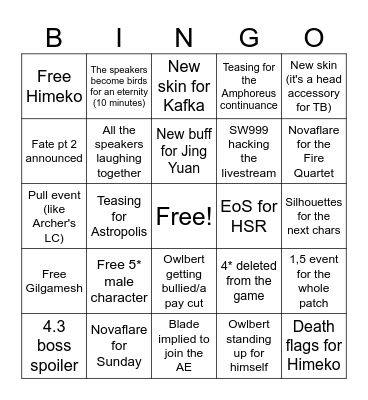 HSR 4.3 Livestream Bingo Card Bingo Card
