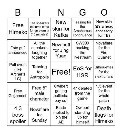 HSR 4.3 Livestream Bingo Card Bingo Card