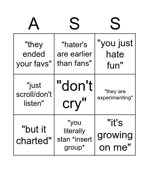 bad kpop song bingo Card