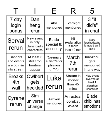 Hsr special program bingo Card